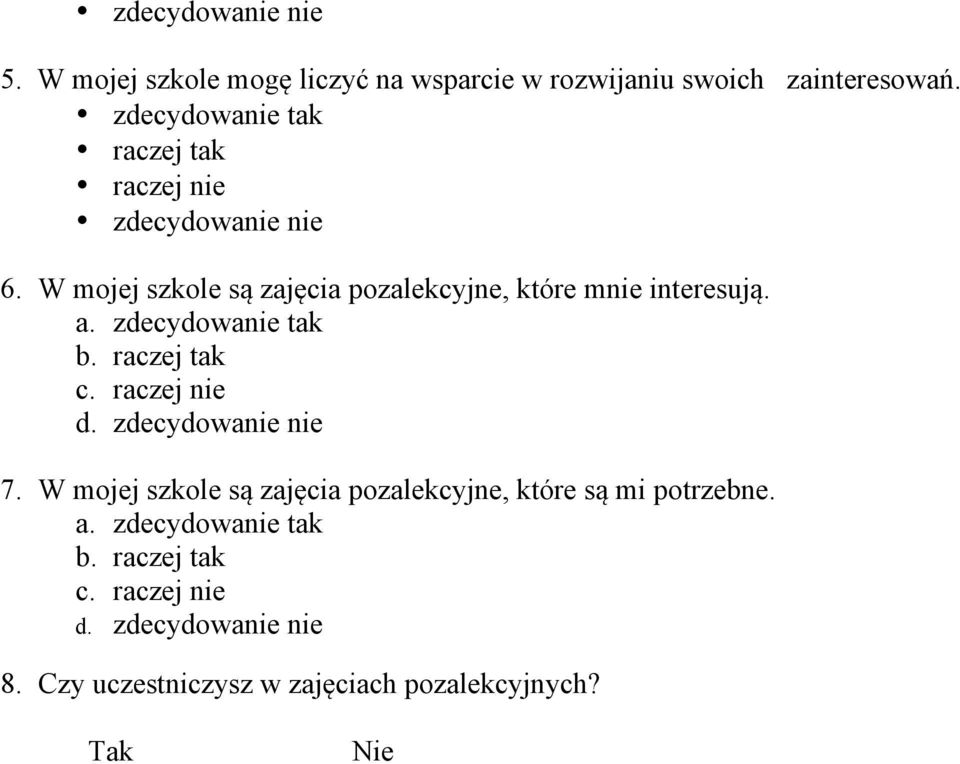 W mojej szkole są zajęcia pozalekcyjne, które mnie interesują. a. zdecydowanie tak b. raczej tak c. raczej nie d.