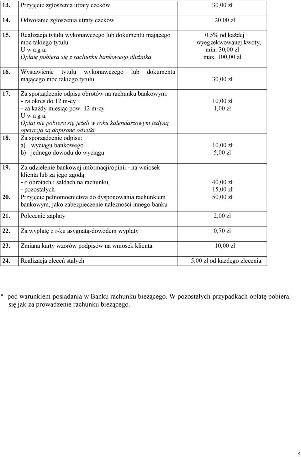 Wystawienie tytułu wykonawczego lub dokumentu mającego moc takiego tytułu 17. Za sporządzenie odpisu obrotów na rachunku bankowym: - za okres do 12 m-cy - za każdy miesiąc pow.