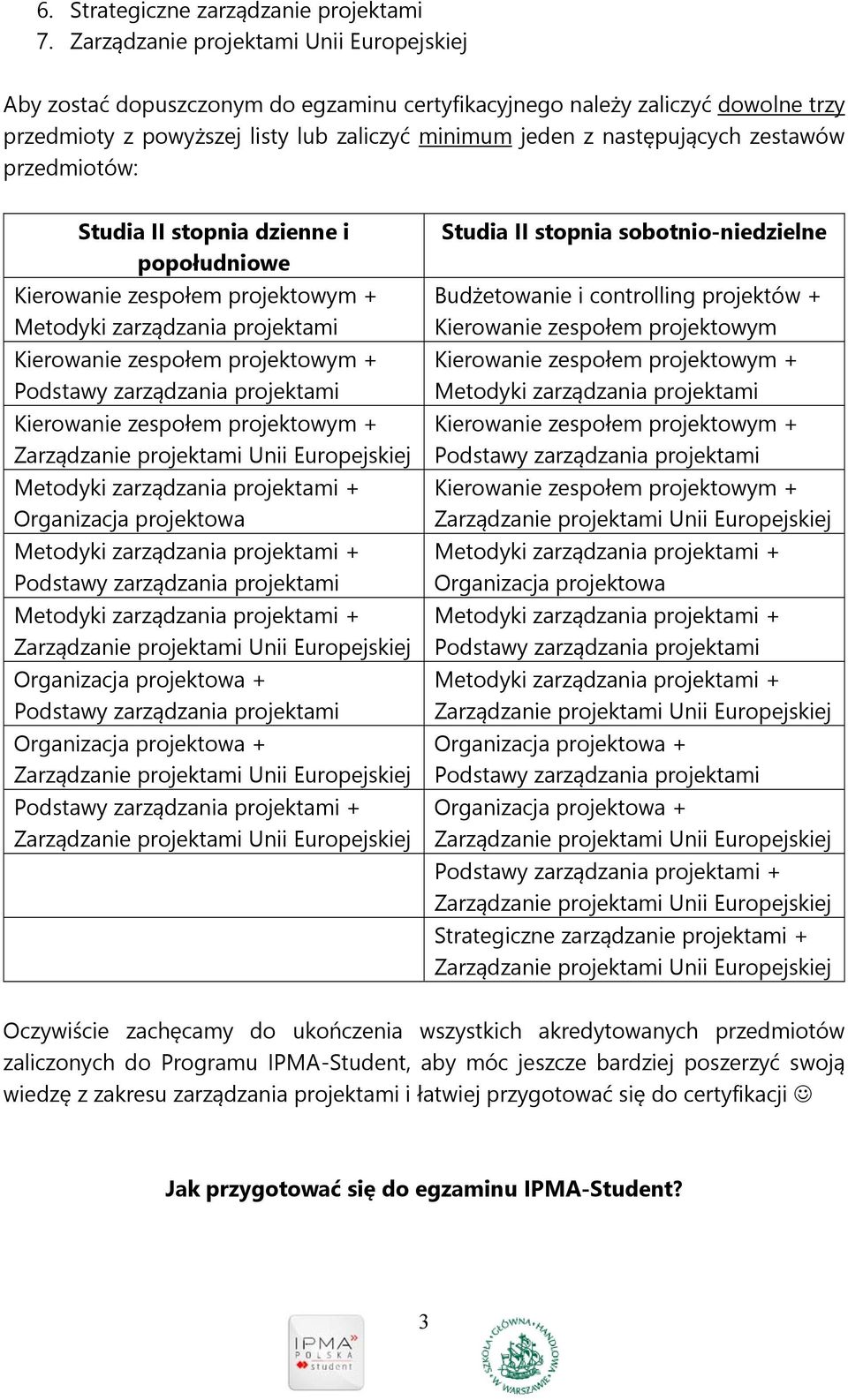 dzienne i popołudniowe Metodyki zarządzania projektami Organizacja projektowa + Studia II stopnia sobotnio-niedzielne Budżetowanie i controlling projektów + Kierowanie zespołem projektowym Metodyki