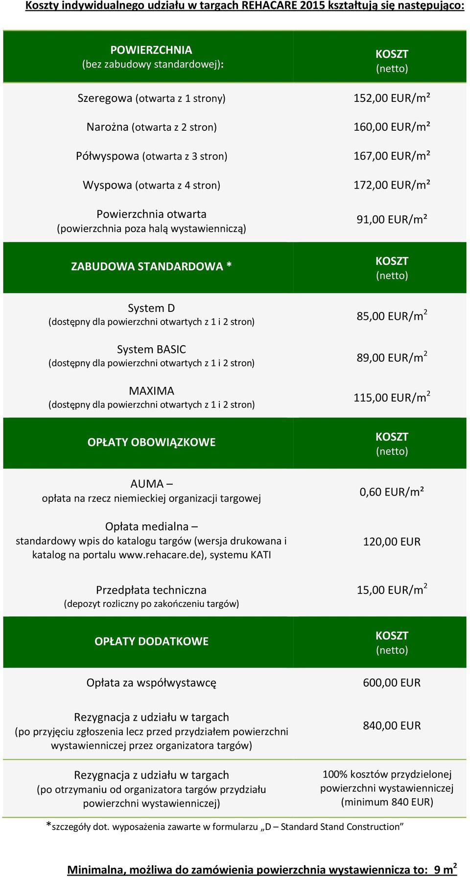 EUR/m² System D (dostępny dla powierzchni otwartych z 1 i 2 stron) 85,00 EUR/m 2 System BASIC (dostępny dla powierzchni otwartych z 1 i 2 stron) 89,00 EUR/m 2 MAXIMA (dostępny dla powierzchni