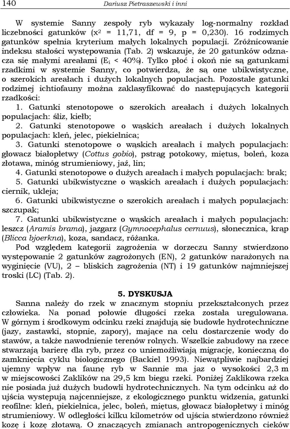 Tylko płoć i okoń nie są gatunkami rzadkimi w systemie Sanny, co potwierdza, że są one ubikwistyczne, o szerokich areałach i dużych lokalnych populacjach.