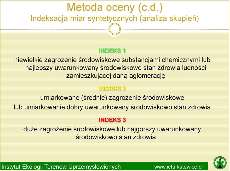 ) Indeksacja miar syntetycznych (analiza skupień) INDEKS 1 niewielkie zagrożenie środowiskowe substancjami