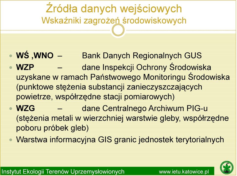 zanieczyszczających powietrze, współrzędne stacji pomiarowych) WZG dane Centralnego Archiwum PIG-u (stężenia