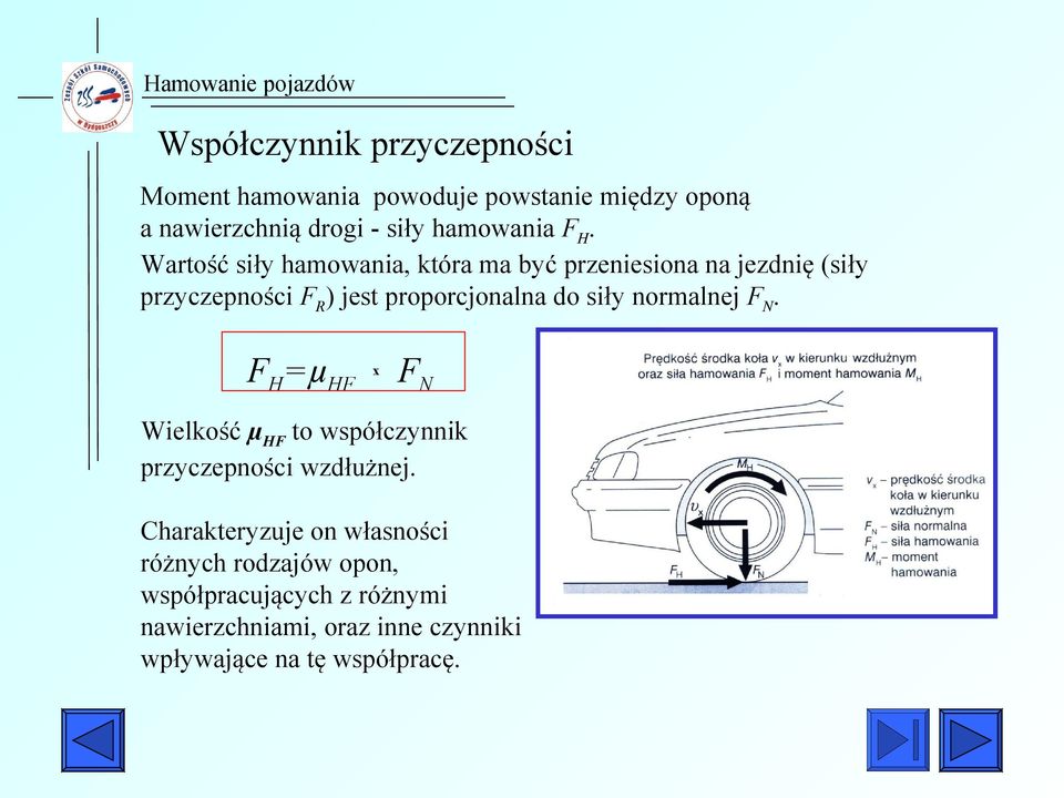 Wartość siły hamowania, która ma być przeniesiona na jezdnię (siły przyczepności FR) jest proporcjonalna do siły