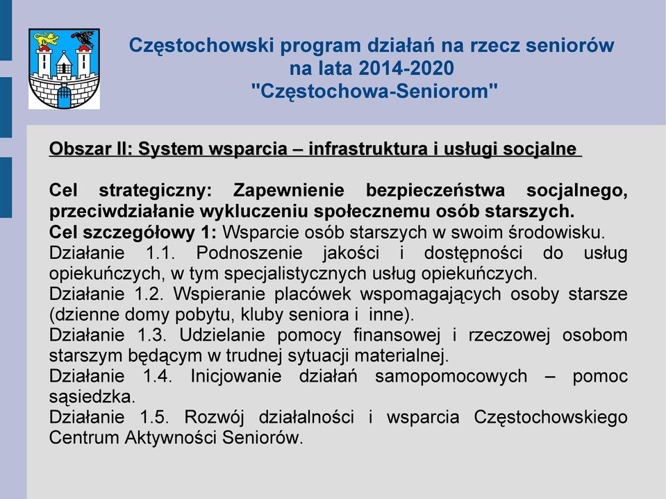 Działanie 1.2. Wspieranie placówek wspomagających osoby starsze (dzienne domy pobytu, kluby seniora i inne). Działanie 1.3.