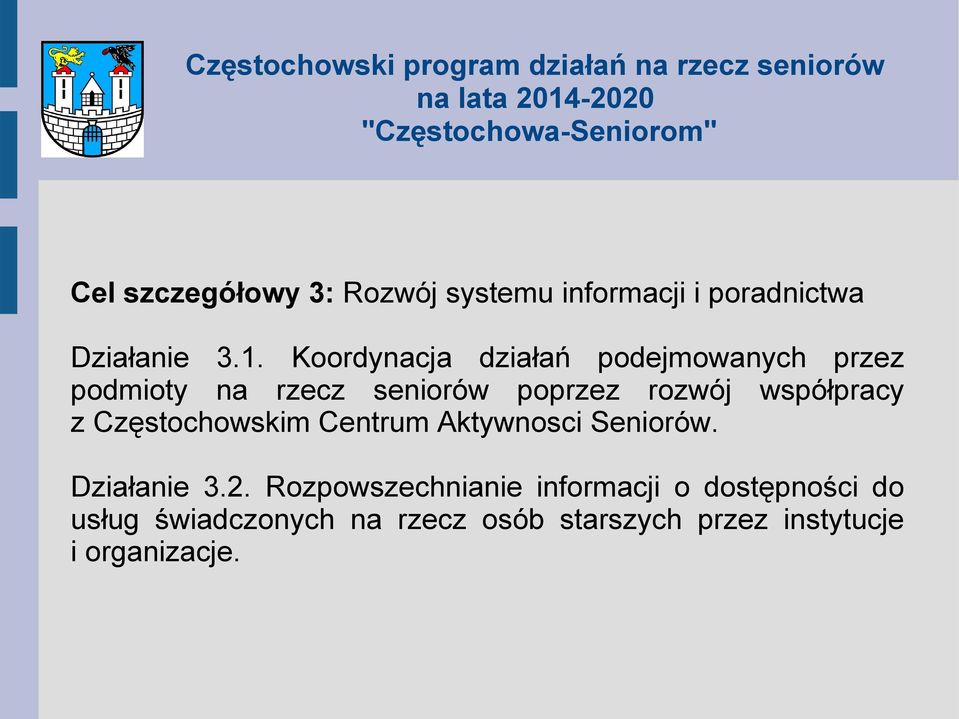 współpracy z Częstochowskim Centrum Aktywnosci Seniorów. Działanie 3.2.