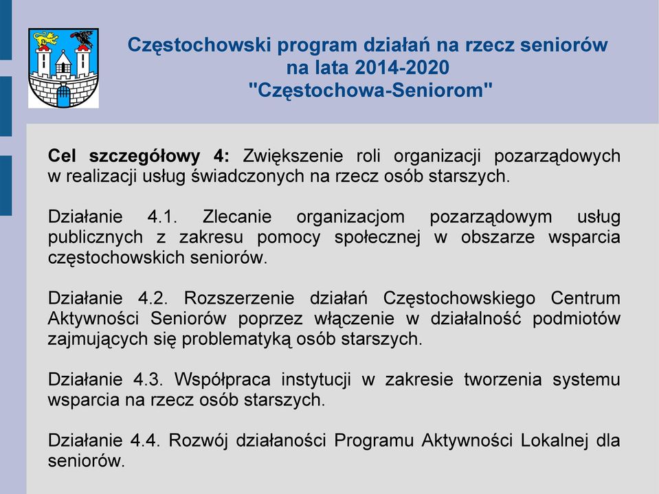 Rozszerzenie działań Częstochowskiego Centrum Aktywności Seniorów poprzez włączenie w działalność podmiotów zajmujących się problematyką osób starszych.