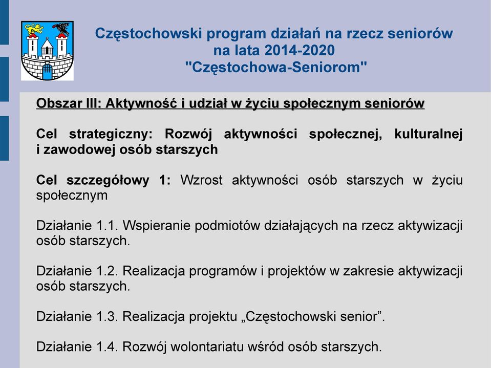 Działanie 1.2. Realizacja programów i projektów w zakresie aktywizacji osób starszych. Działanie 1.3.