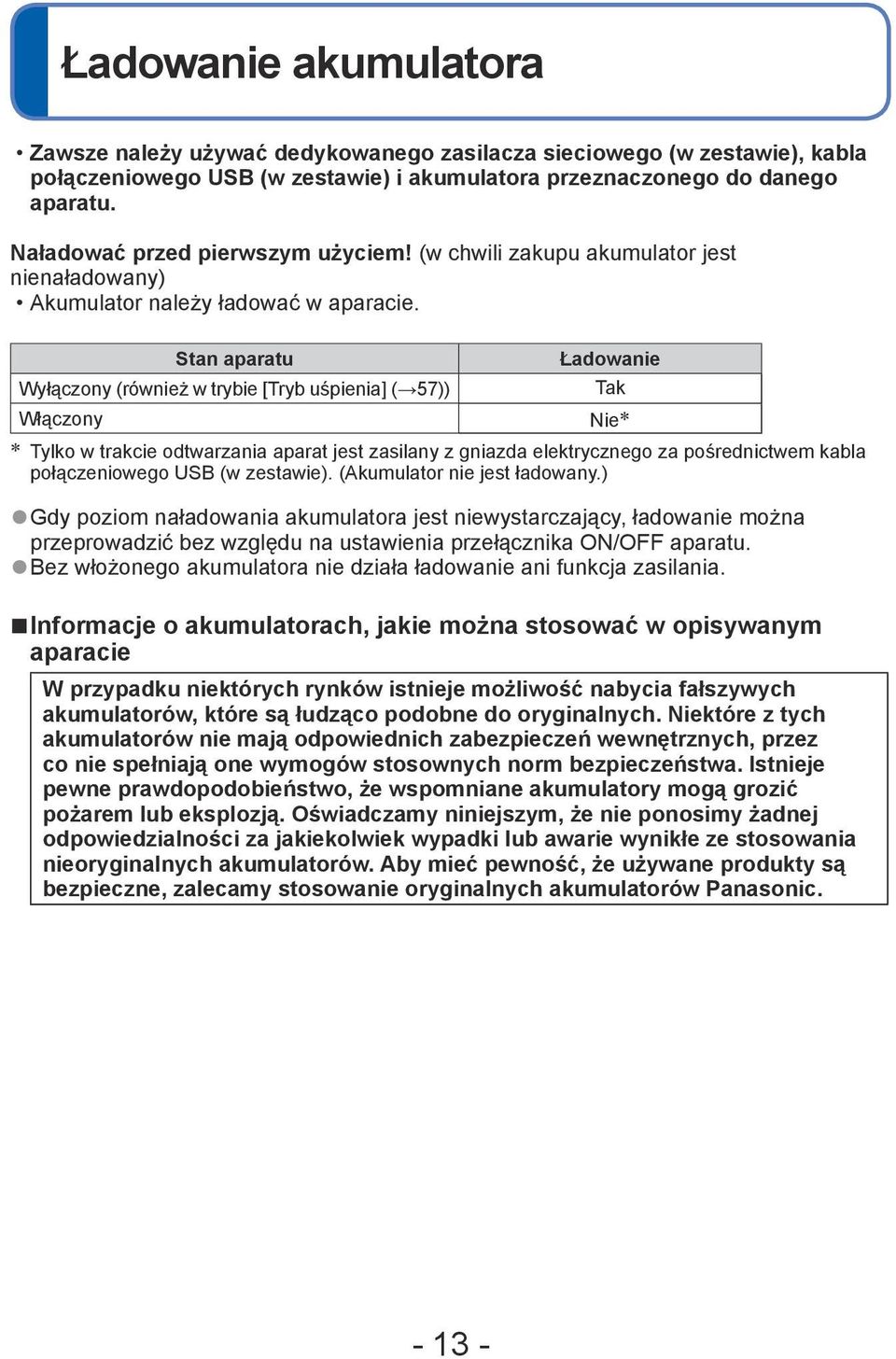 Stan aparatu Ładowanie Wyłączony (również w trybie [Tryb uśpienia] ( 57)) Tak Włączony Nie Tylko w trakcie odtwarzania aparat jest zasilany z gniazda elektrycznego za pośrednictwem kabla