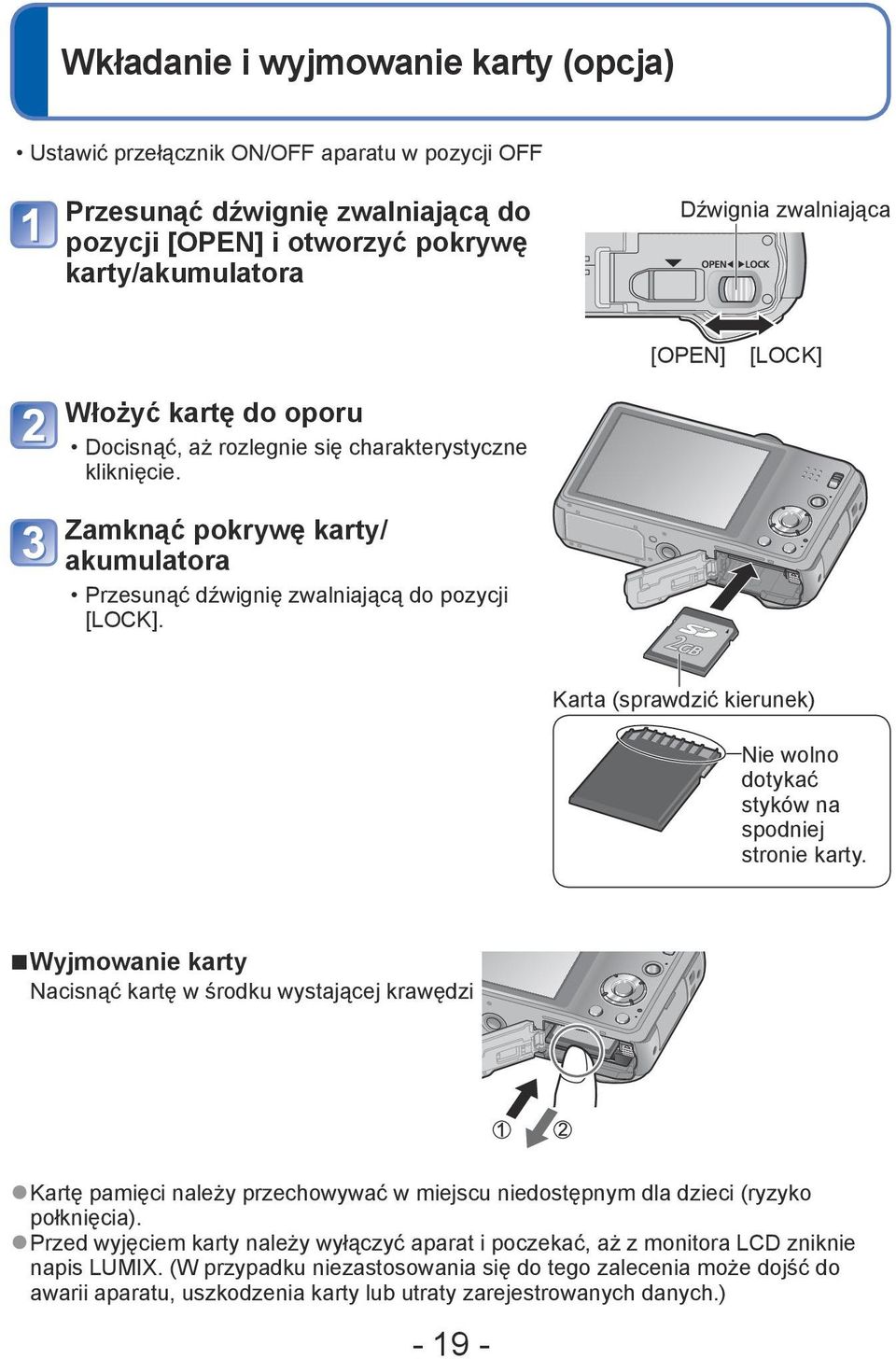 Karta (sprawdzić kierunek) Nie wolno dotykać styków na spodniej stronie karty.