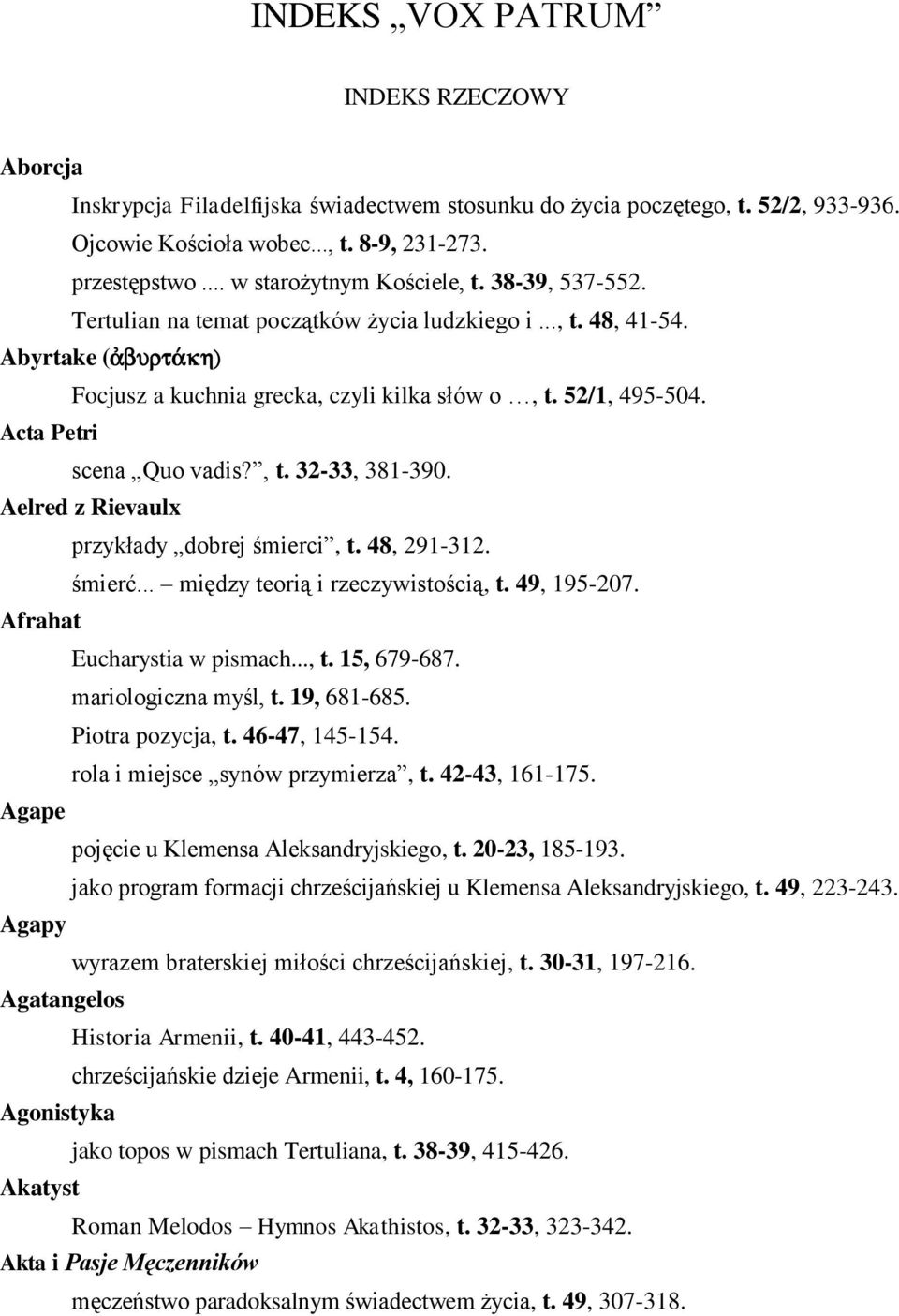 Acta Petri scena Quo vadis?, t. 32-33, 381-390. Aelred z Rievaulx przykłady dobrej śmierci, t. 48, 291-312. śmierć... między teorią i rzeczywistością, t. 49, 195-207. Afrahat Eucharystia w pismach.