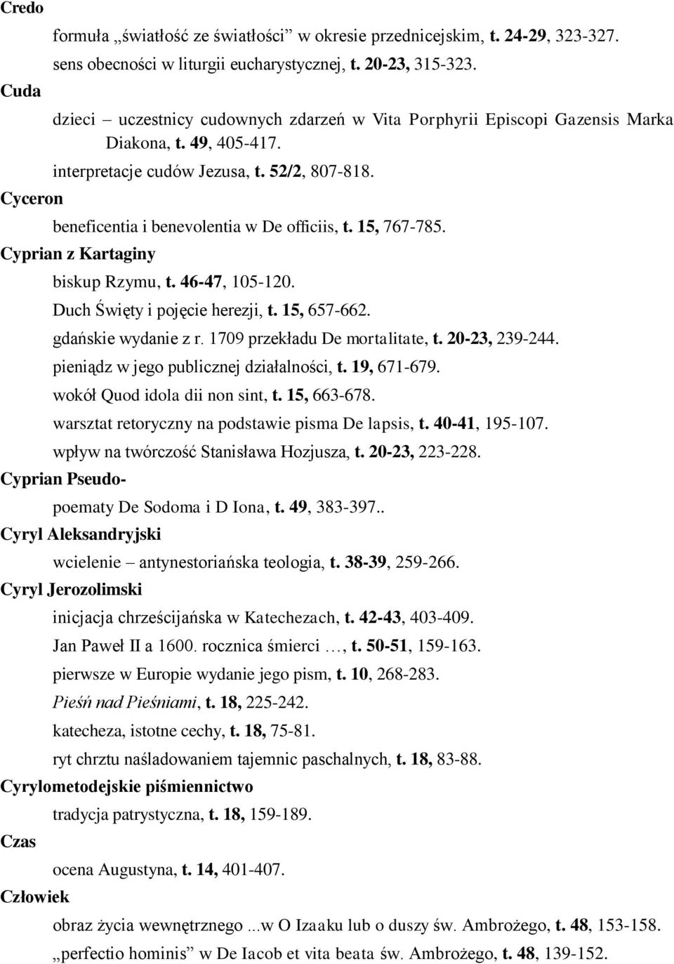 15, 767-785. Cyprian z Kartaginy biskup Rzymu, t. 46-47, 105-120. Duch Święty i pojęcie herezji, t. 15, 657-662. gdańskie wydanie z r. 1709 przekładu De mortalitate, t. 20-23, 239-244.