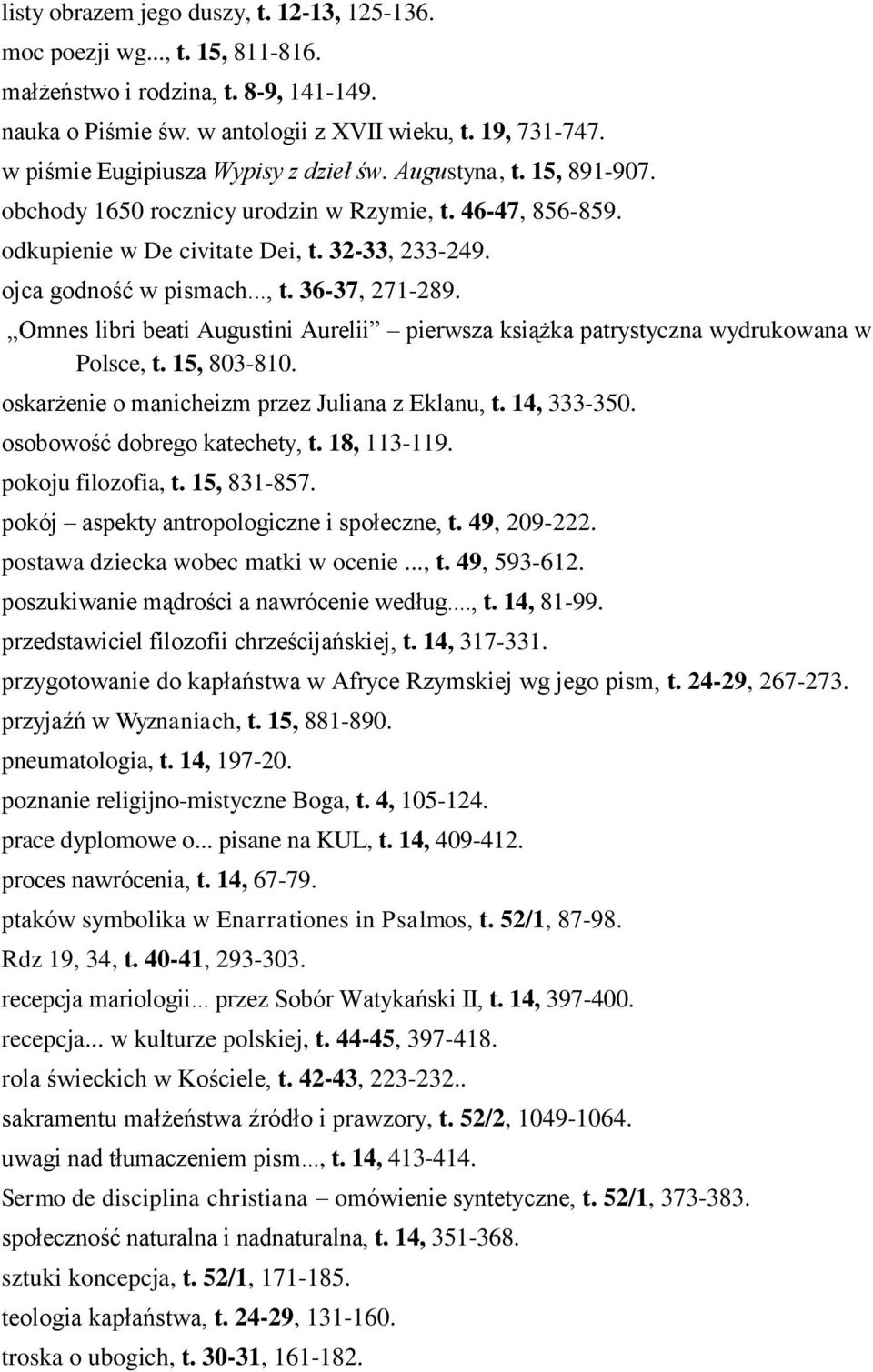 .., t. 36-37, 271-289. Omnes libri beati Augustini Aurelii pierwsza książka patrystyczna wydrukowana w Polsce, t. 15, 803-810. oskarżenie o manicheizm przez Juliana z Eklanu, t. 14, 333-350.