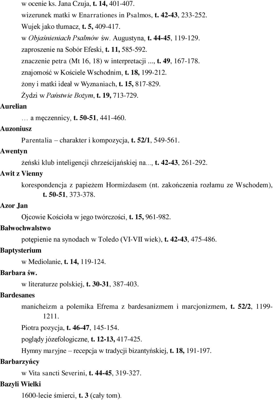 żony i matki ideał w Wyznaniach, t. 15, 817-829. Żydzi w Państwie Bożym, t. 19, 713-729. a męczennicy, t. 50-51, 441-460. Parentalia charakter i kompozycja, t. 52/1, 549-561.