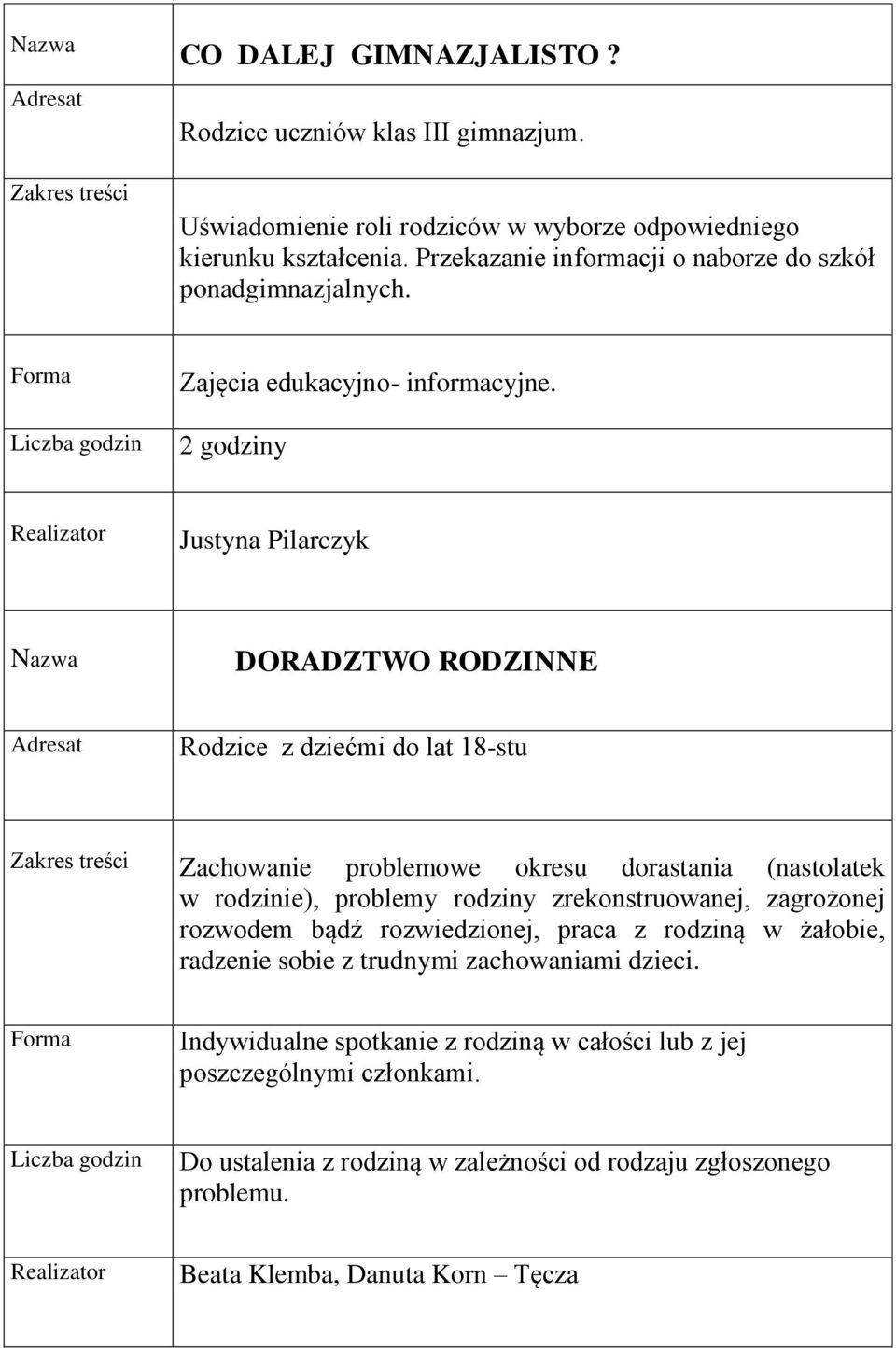 2 godziny Justyna Pilarczyk DORADZTWO RODZINNE Rodzice z dziećmi do lat 18-stu Zachowanie problemowe okresu dorastania (nastolatek w rodzinie), problemy rodziny