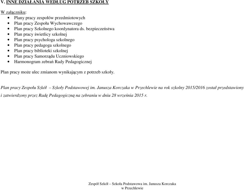 bezpieczeństwa Plan pracy świetlicy szkolnej Plan pracy psychologa szkolnego Plan pracy pedagoga szkolnego Plan pracy biblioteki szkolnej Plan pracy