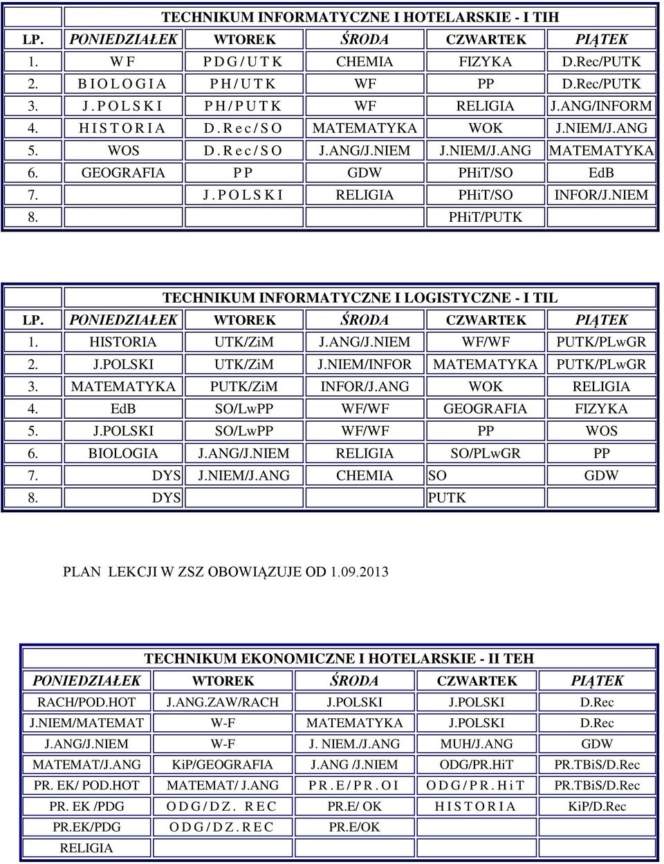 PHiT/PUTK TECHNIKUM INFORMATYCZNE I LOGISTYCZNE - I TIL LP. 1. HISTORIA UTK/ZiM J.ANG/J.NIEM WF/WF PUTK/PLwGR 2. J.POLSKI UTK/ZiM J.NIEM/INFOR MATEMATYKA PUTK/PLwGR 3. MATEMATYKA PUTK/ZiM INFOR/J.