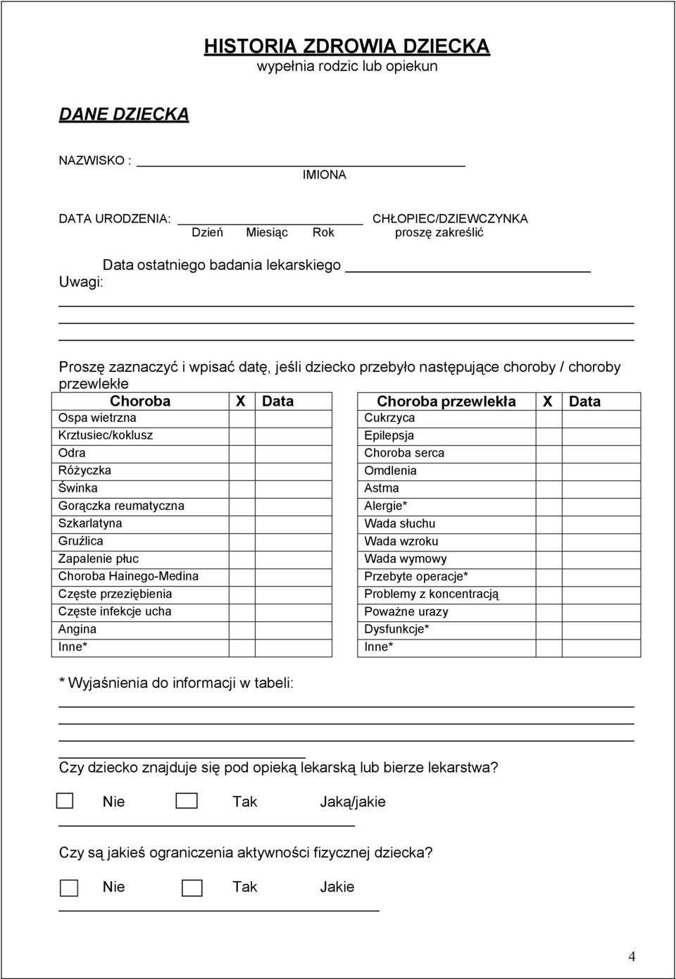 reumatyczna Szkarlatyna Gruźlica Zapalenie płuc Choroba Hainego-Medina Częste przeziębienia Częste infekcje ucha Angina Inne* Cukrzyca Epilepsja Choroba serca Omdlenia Astma Alergie* Wada słuchu Wada