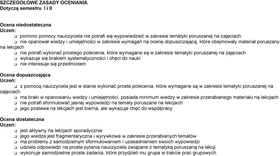 zajęciach wykazuje się brakiem systematyczności i chęci do nauki nie interesuje się przedmiotem Ocena dopuszczająca z pomocą nauczyciela jest w stanie wykonać proste polecenia, które wymagane są w