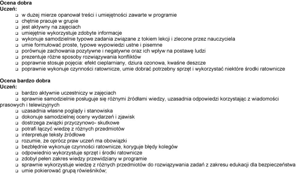ludzi prezentuje różne sposoby rozwiązywania konfliktów poprawnie stosuje pojęcia: efekt cieplarniany, dziura ozonowa, kwaśne deszcze poprawnie wykonuje czynności ratownicze, umie dobrać potrzebny