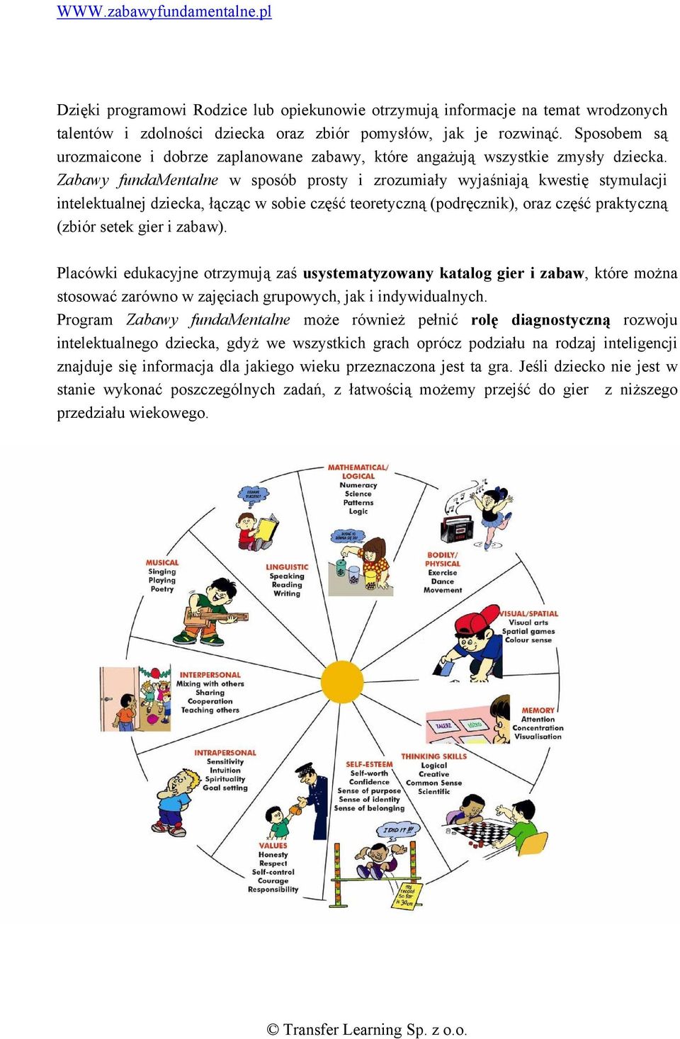 Zabawy fundamentalne w sposób prosty i zrozumiały wyjaśniają kwestię stymulacji intelektualnej dziecka, łącząc w sobie część teoretyczną (podręcznik), oraz część praktyczną (zbiór setek gier i zabaw).