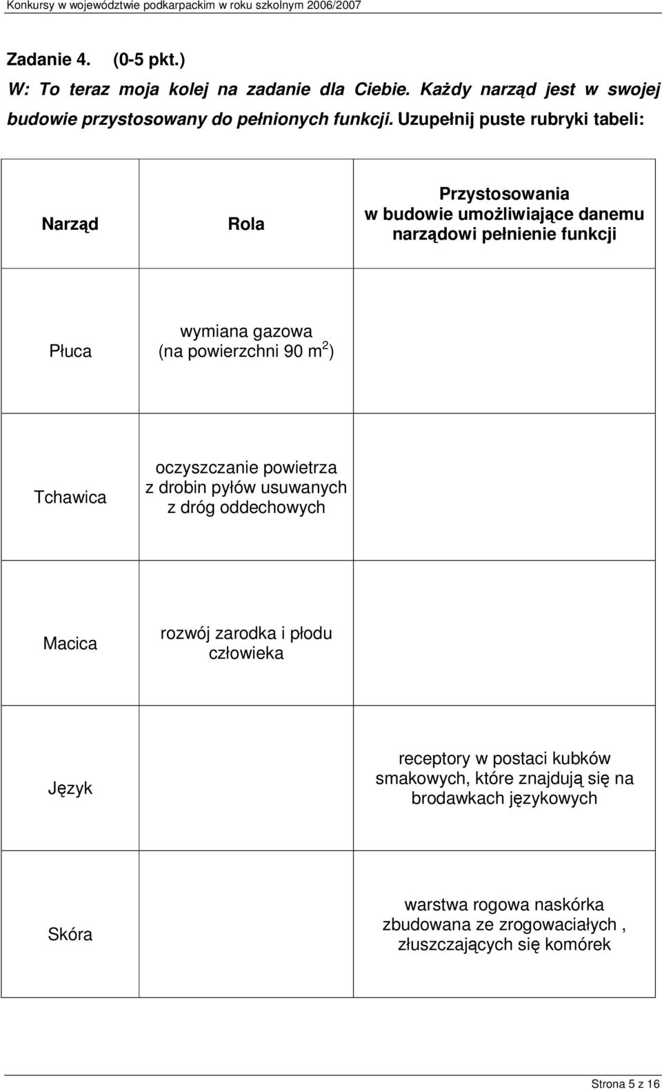 powierzchni 90 m 2 ) Tchawica oczyszczanie powietrza z drobin pyłów usuwanych z dróg oddechowych Macica rozwój zarodka i płodu człowieka Jzyk