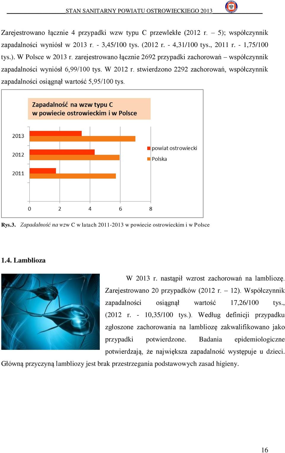 Zapadalność na wzw C w latach 2011-2013 w powiecie ostrowieckim i w Polsce 1.4. Lamblioza W 2013 r. nastąpił wzrost zachorowań na lambliozę. Zarejestrowano 20 przypadków (2012 r. 12).