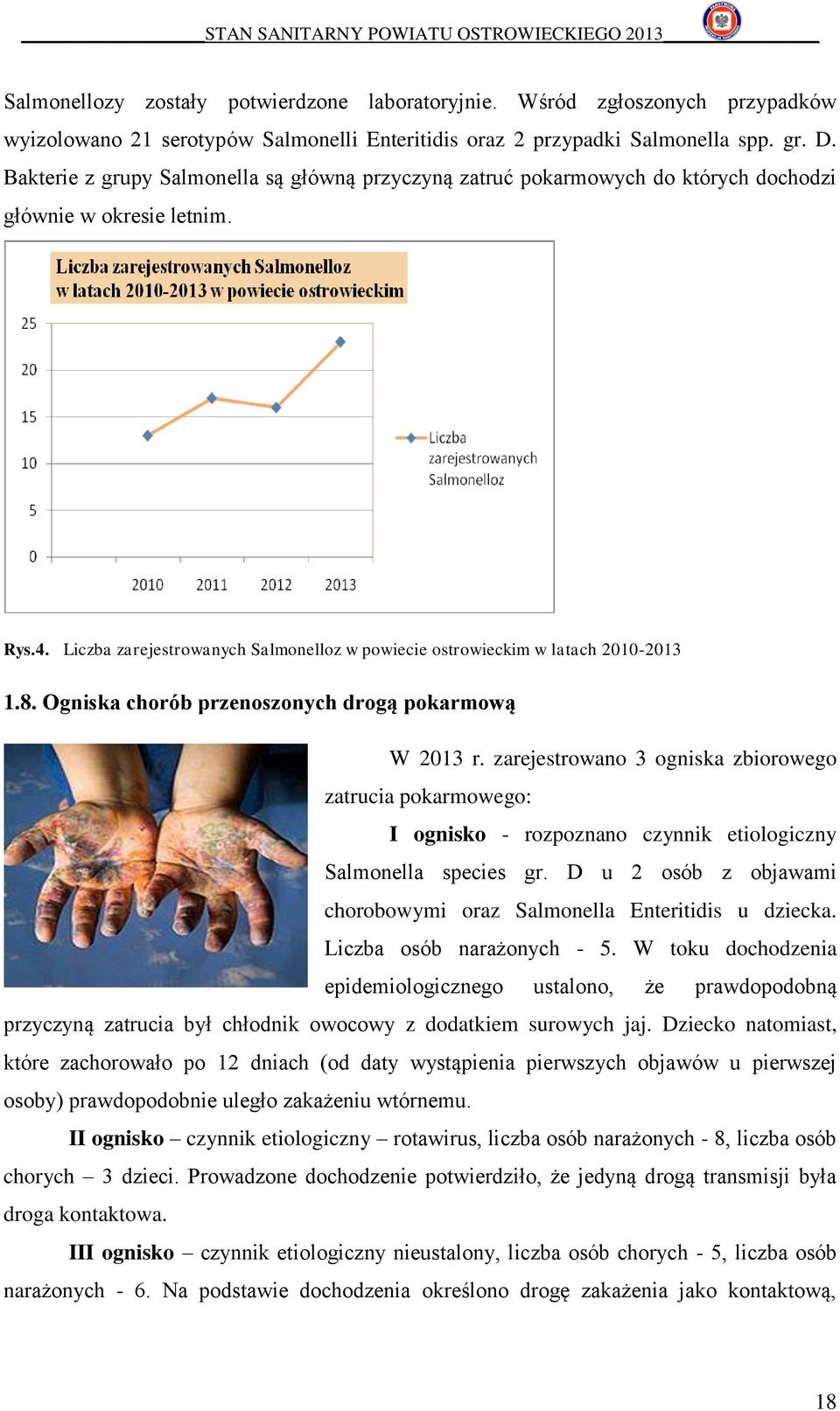Liczba zarejestrowanych Salmonelloz w powiecie ostrowieckim w latach 2010-2013 1.8. Ogniska chorób przenoszonych drogą pokarmową W 2013 r.