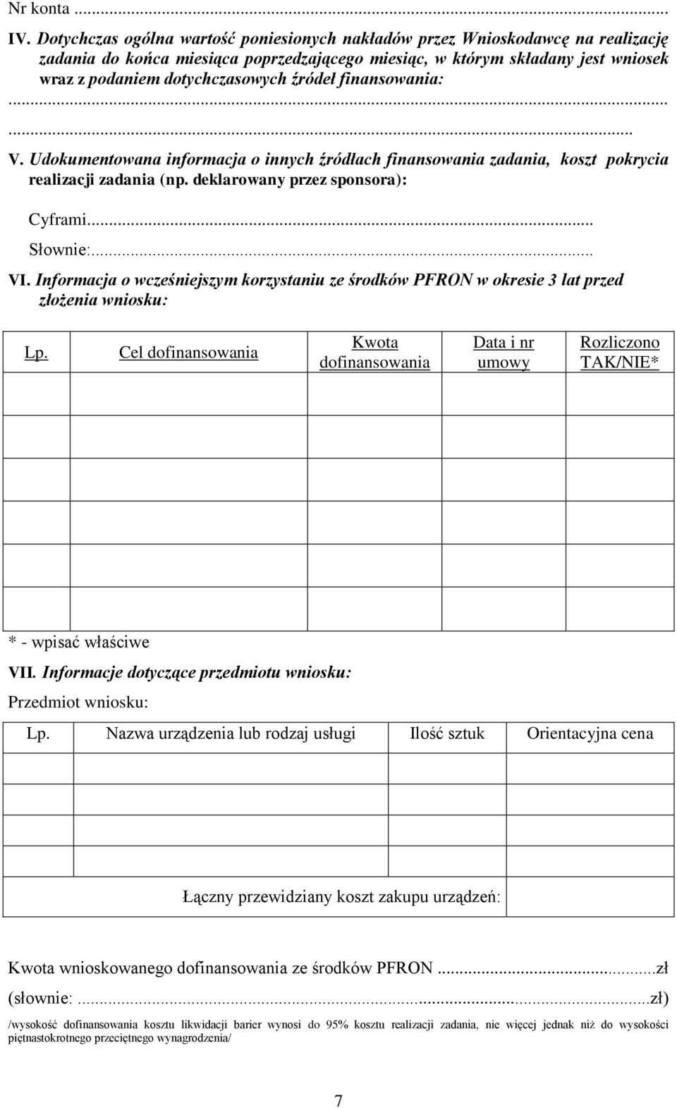 źródeł finansowania:... V. Udokumentowana informacja o innych źródłach finansowania zadania, koszt pokrycia realizacji zadania (np. deklarowany przez sponsora): Cyframi... Słownie:... VI.