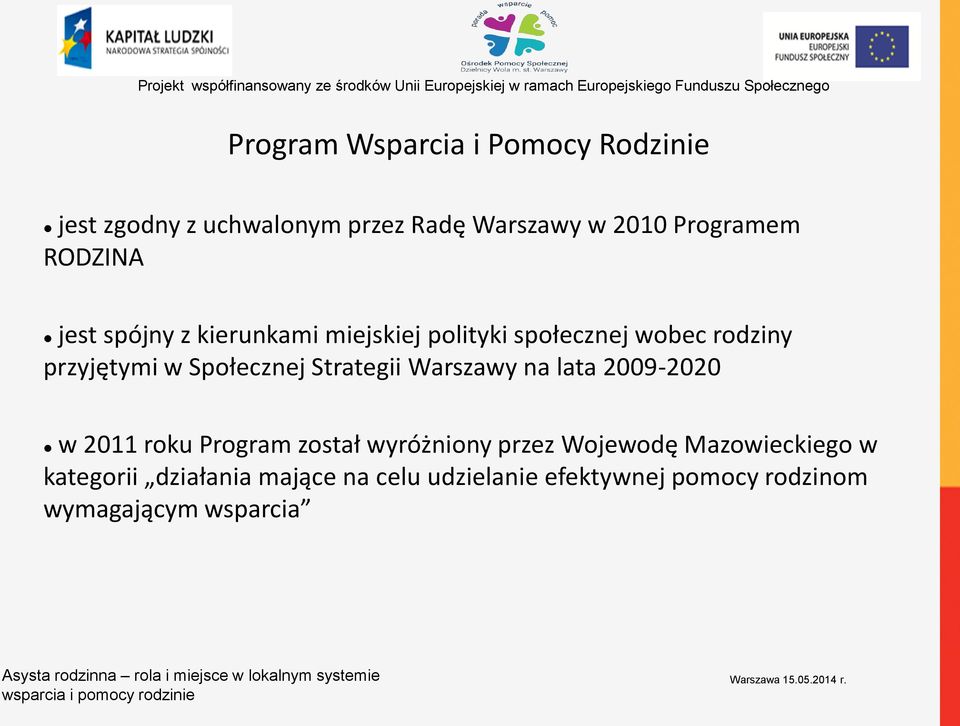 Społecznej Strategii Warszawy na lata 2009-2020 w 2011 roku Program został wyróżniony przez