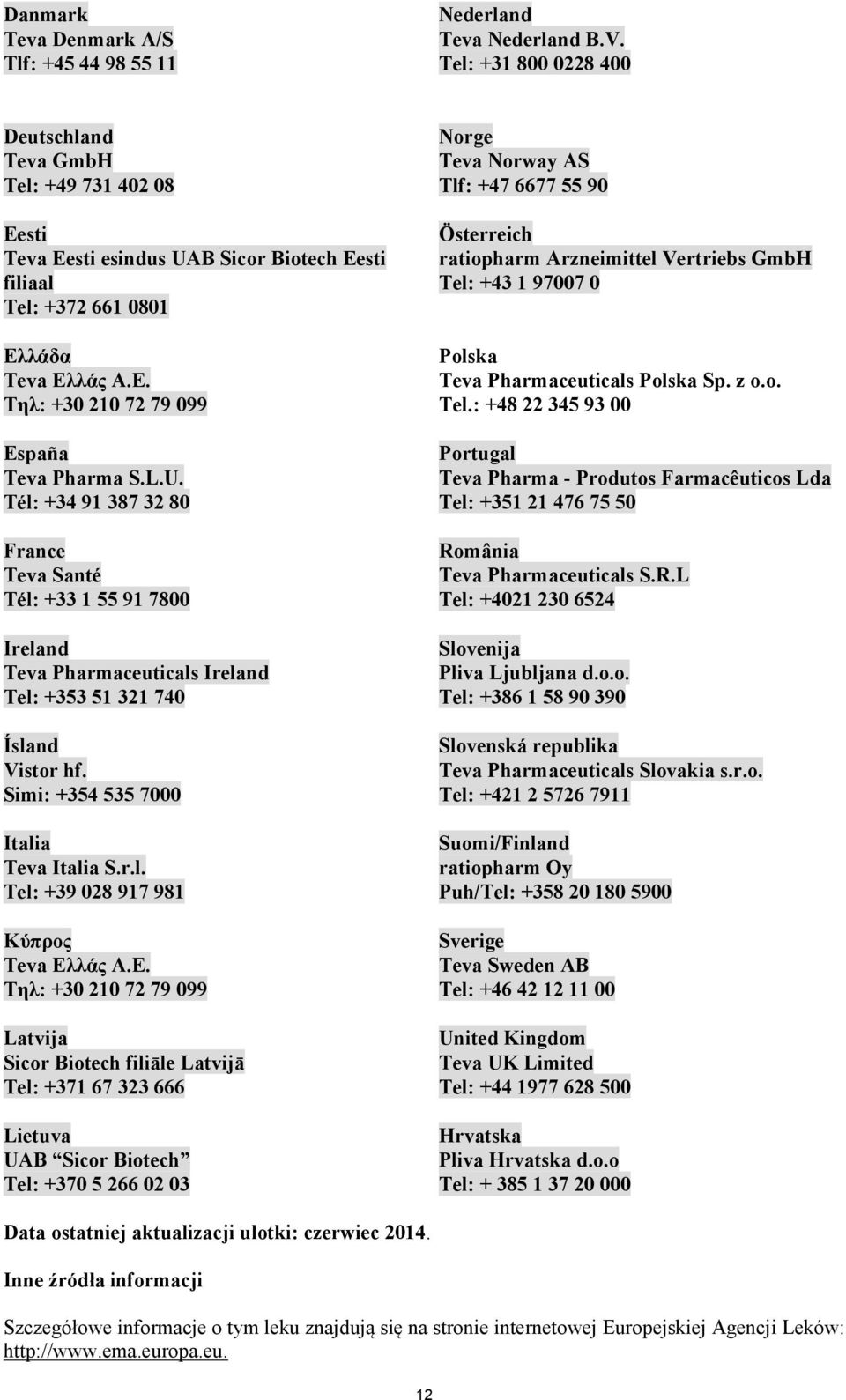 L.U. Tél: +34 91 387 32 80 France Teva Santé Tél: +33 1 55 91 7800 Ireland Teva Pharmaceuticals Ireland Tel: +353 51 321 740 Ísland Vistor hf. Simi: +354 535 7000 Italia Teva Italia S.r.l. Tel: +39 028 917 981 Κύπρος Teva Ελλάς Α.