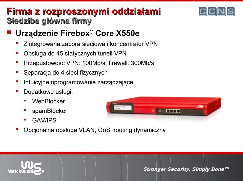 Przepustowość VPN: 100Mb/s, firewall: 300Mb/s Separacja do 4 sieci fizycznych Intuicyjne
