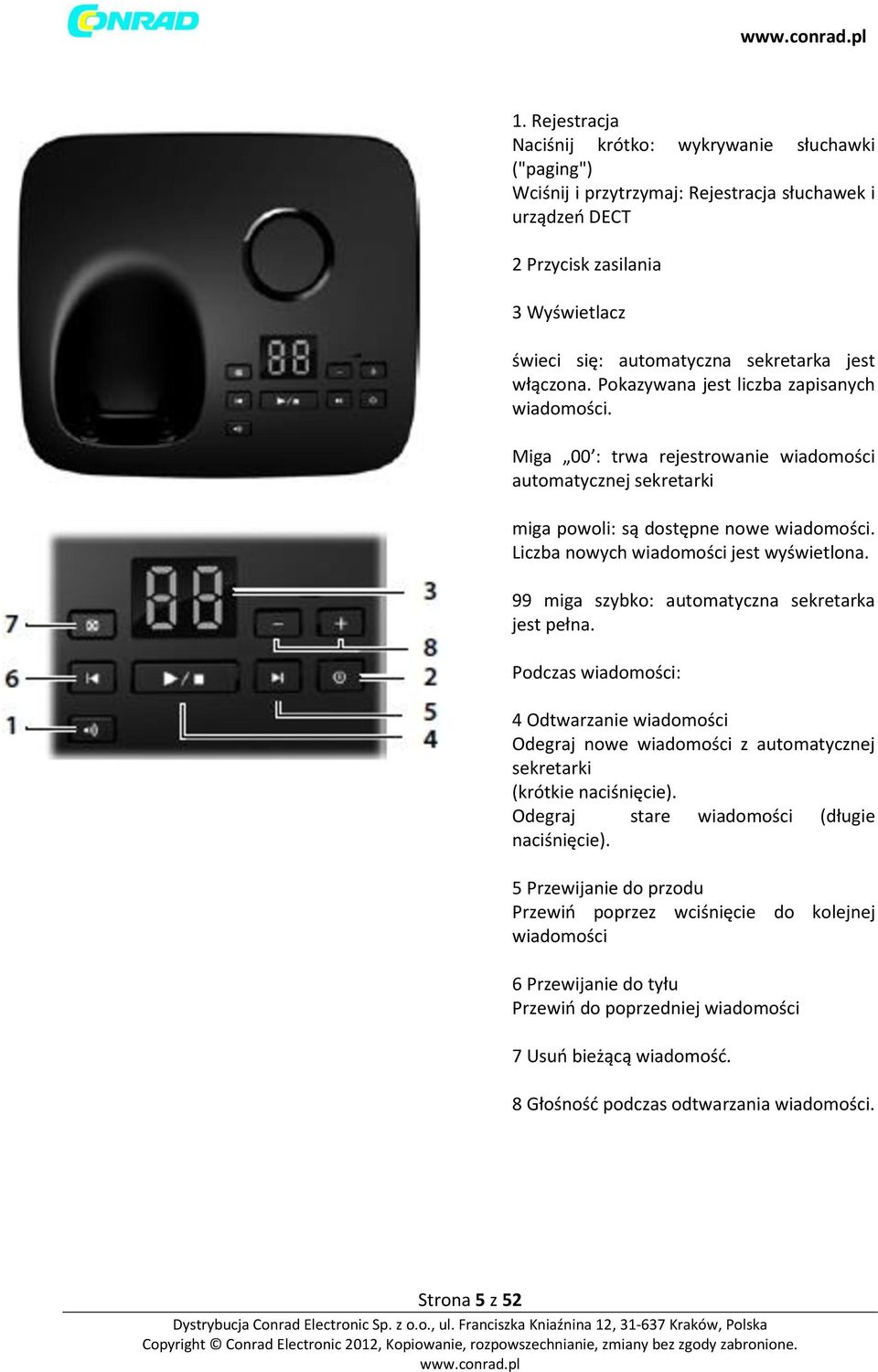 Liczba nowych wiadomości jest wyświetlona. 99 miga szybko: automatyczna sekretarka jest pełna.