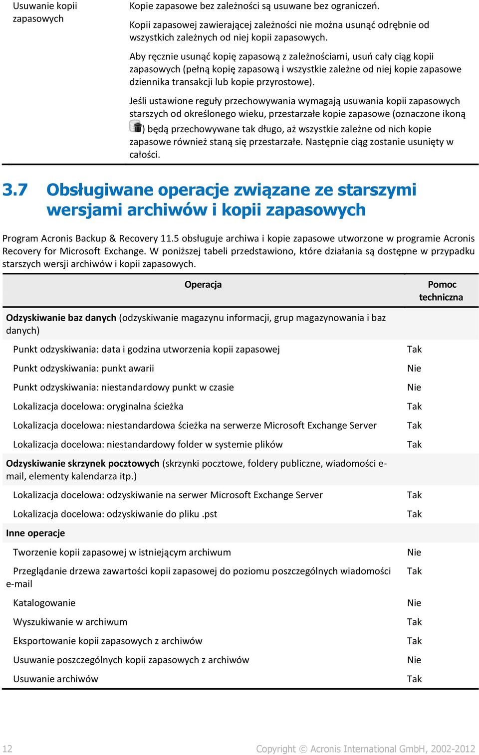 Jeśli ustawione reguły przechowywania wymagają usuwania kopii zapasowych starszych od określonego wieku, przestarzałe kopie zapasowe (oznaczone ikoną ) będą przechowywane tak długo, aż wszystkie