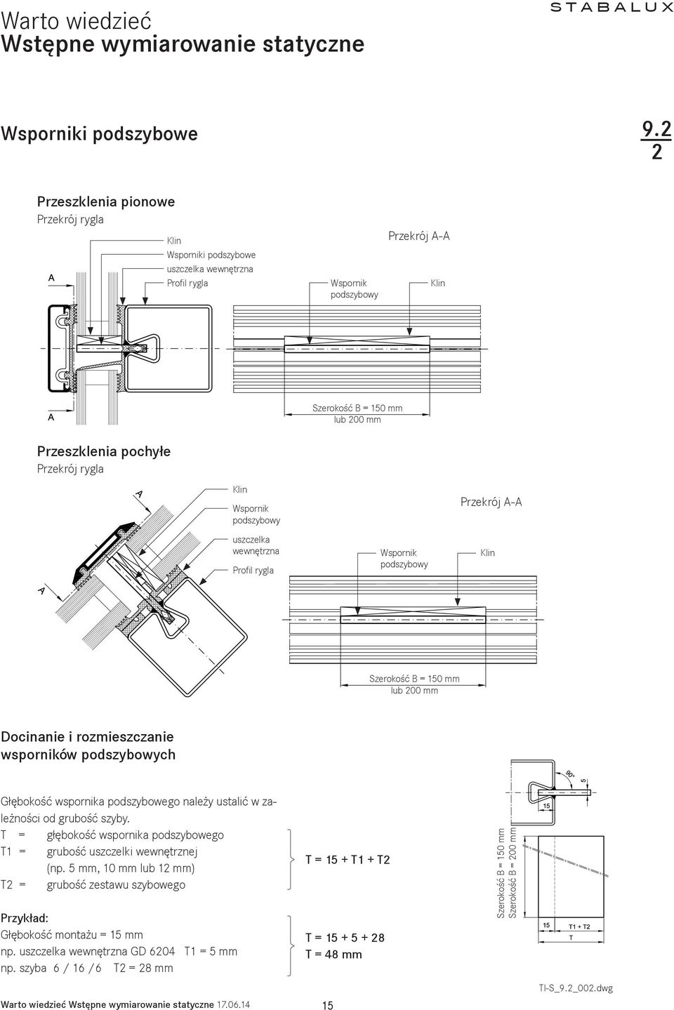 rygla Klin Wspornik podszybowy uszczelka wewnętrzna Profil rygla Wspornik podszybowy Przekrój A-A Klin Szerokość B = 150 mm lub 00 mm Docinanie i rozmieszczanie wsporników podszybowych Głębokość