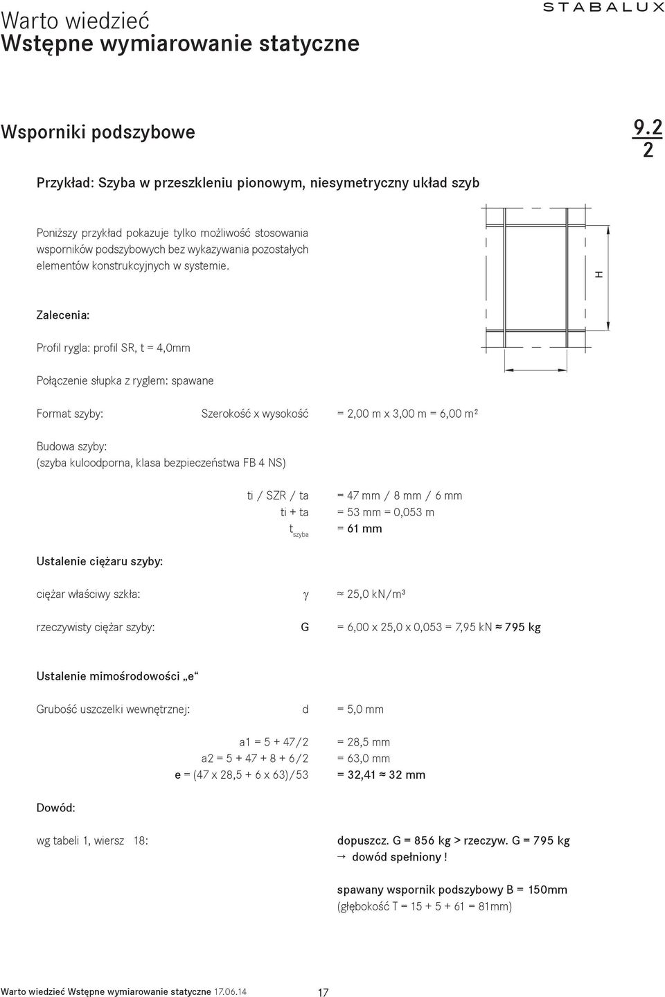 Zalecenia: Profil rygla: profil SR, t = 4,0mm Połączenie słupka z ryglem: spawane Format szyby: Szerokość x wysokość =,00 m x 3,00 m = 6,00 m² Budowa szyby: (szyba kuloodporna, klasa bezpieczeństwa