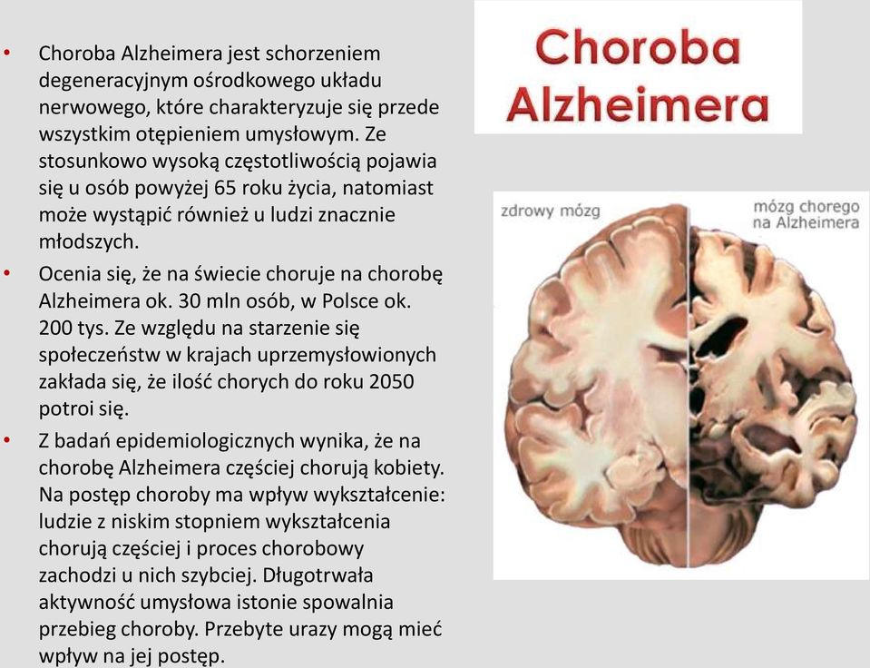 30 mln osób, w Polsce ok. 200 tys. Ze względu na starzenie się społeczeostw w krajach uprzemysłowionych zakłada się, że ilośd chorych do roku 2050 potroi się.