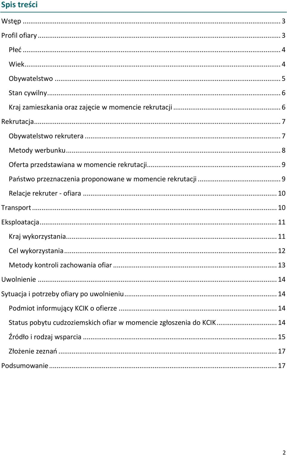 .. 9 Relacje rekruter - ofiara... 10 Transport... 10 Eksploatacja... 11 Kraj wykorzystania... 11 Cel wykorzystania... 12 Metody kontroli zachowania ofiar... 13 Uwolnienie.