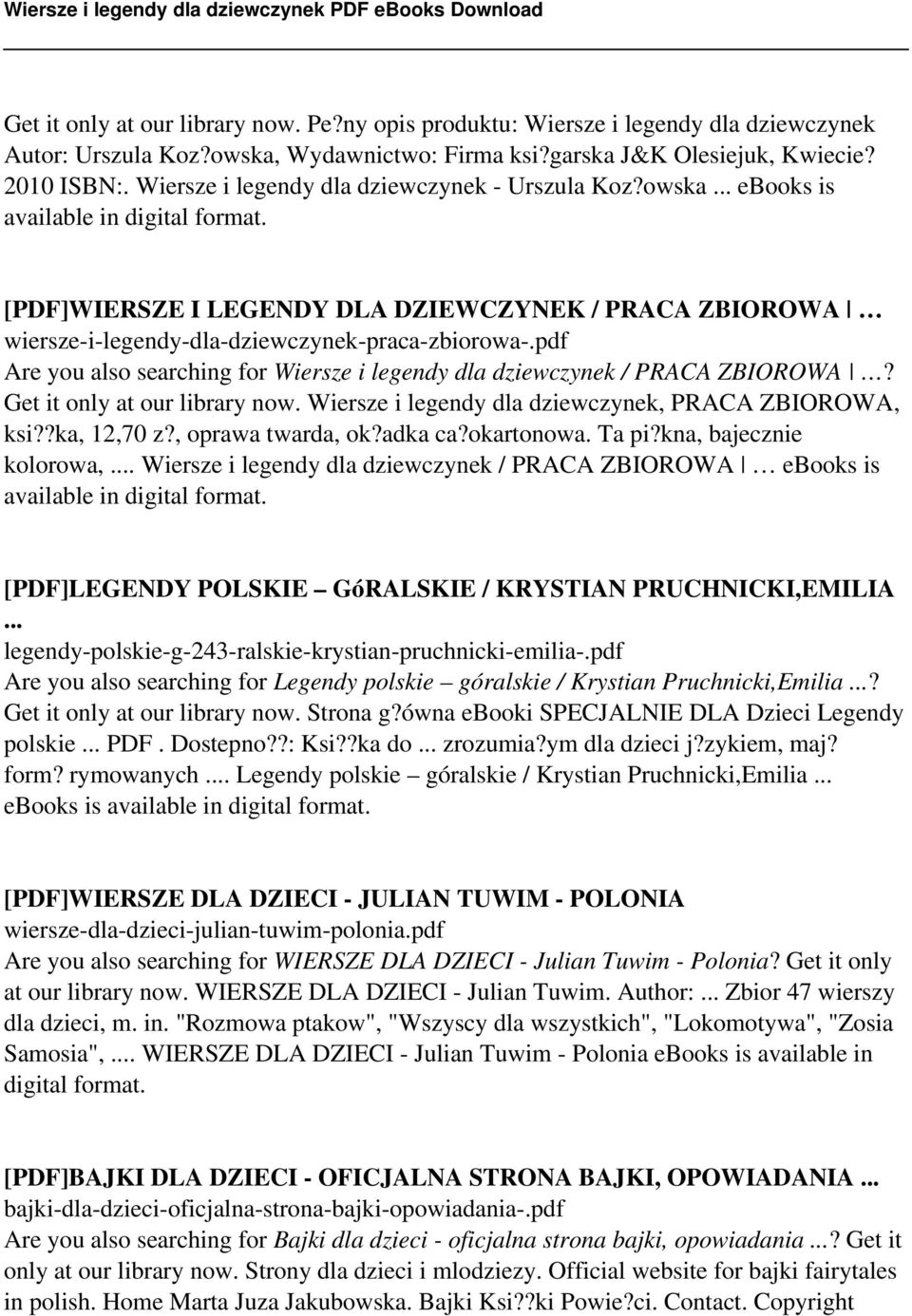 [PDF]WIERSZE I LEGENDY DLA DZIEWCZYNEK / PRACA ZBIOROWA wiersze-i-legendy-dla-dziewczynek-praca-zbiorowa-.pdf Are you also searching for Wiersze i legendy dla dziewczynek / PRACA ZBIOROWA?