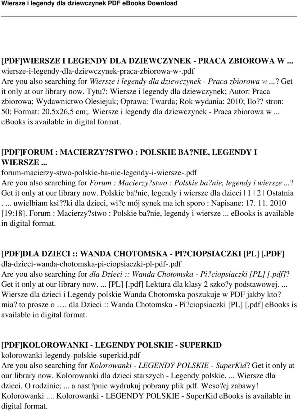 Wiersze i legendy dla dziewczynek - Praca zbiorowa w... [PDF]FORUM : MACIERZY?STWO : POLSKIE BA?NIE, LEGENDY I WIERSZE... forum-macierzy-stwo-polskie-ba-nie-legendy-i-wiersze-.