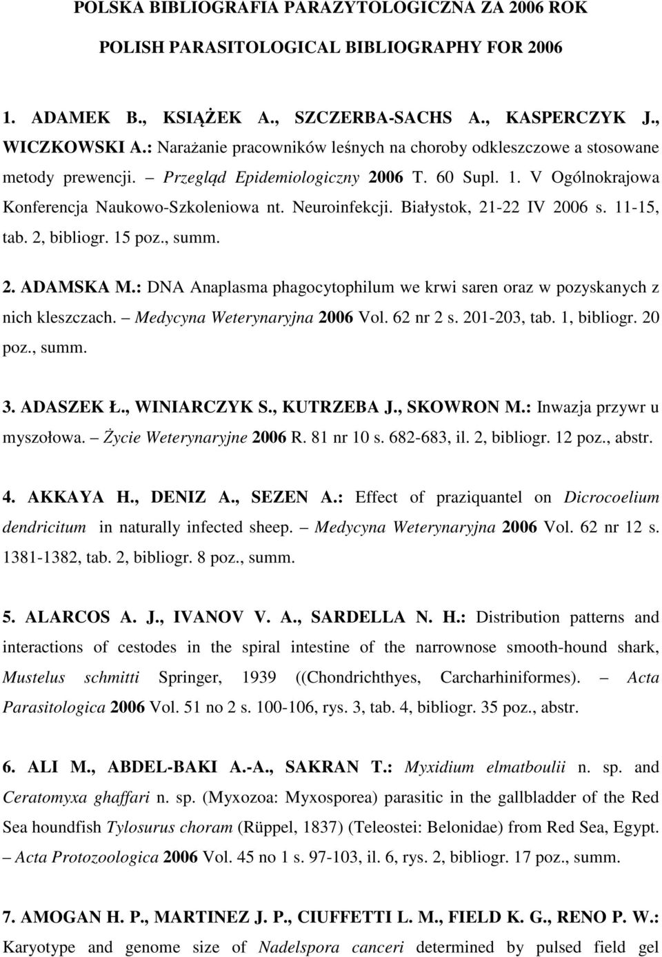 Białystok, 21-22 IV 2006 s. 11-15, tab. 2, bibliogr. 15 poz., summ. 2. ADAMSKA M.: DNA Anaplasma phagocytophilum we krwi saren oraz w pozyskanych z nich kleszczach. Medycyna Weterynaryjna 2006 Vol.