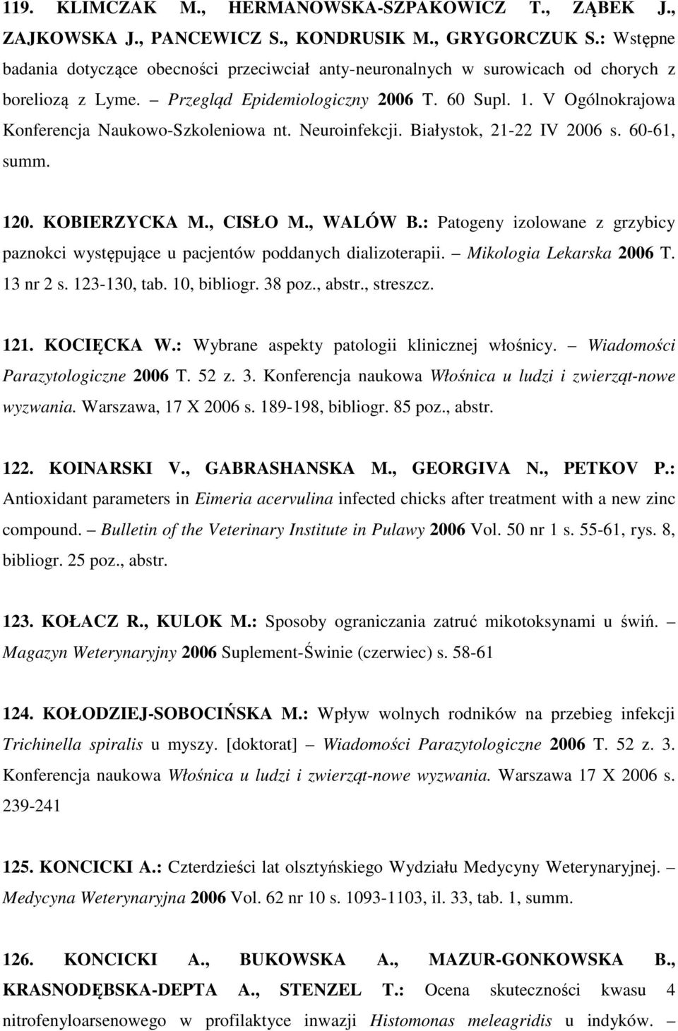 V Ogólnokrajowa Konferencja Naukowo-Szkoleniowa nt. Neuroinfekcji. Białystok, 21-22 IV 2006 s. 60-61, summ. 120. KOBIERZYCKA M., CISŁO M., WALÓW B.