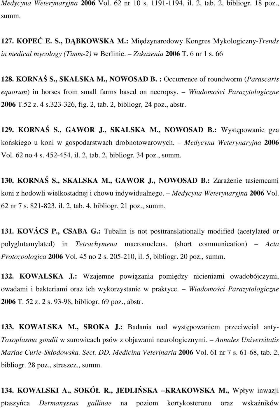 : Occurrence of roundworm (Parascaris equorum) in horses from small farms based on necropsy. Wiadomości Parazytologiczne 2006 T.52 z. 4 s.323-326, fig. 2, tab. 2, bibliogr, 24 poz., abstr. 129.