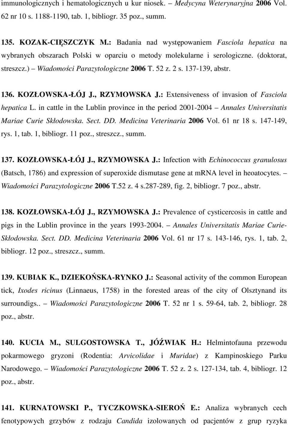 137-139, abstr. 136. KOZŁOWSKA-ŁÓJ J., RZYMOWSKA J.: Extensiveness of invasion of Fasciola hepatica L.