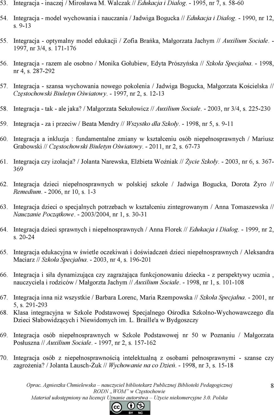 Integracja - razem ale osobno / Monika Gołubiew, Edyta Prószyńska // Szkoła Specjalna. - 1998, nr 4, s. 287-292 57.
