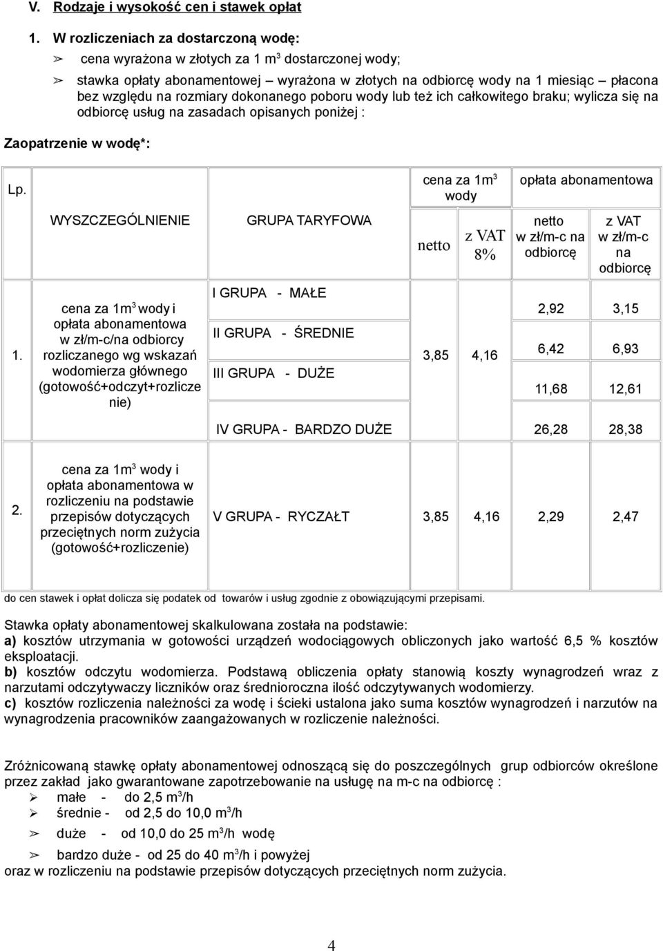 poboru wody lub też ich całkowitego braku; wylicza się na usług na zasadach opisanych poniżej : Zaopatrzenie w wodę*: Lp.