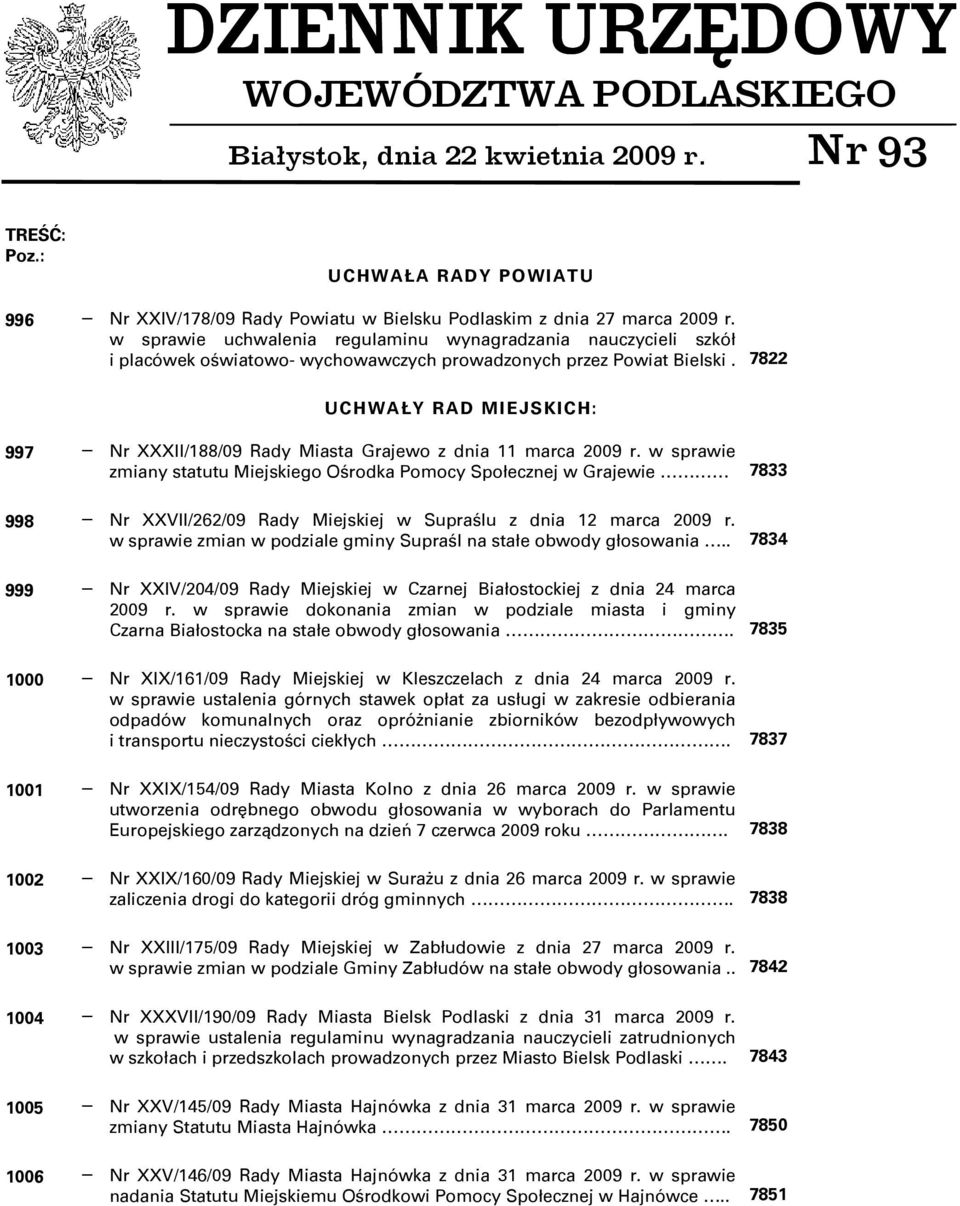 7822 UCHWAŁY RAD MIEJSKICH: 997 Nr XXXII/188/09 Rady Miasta Grajewo z dnia 11 marca 2009 r.