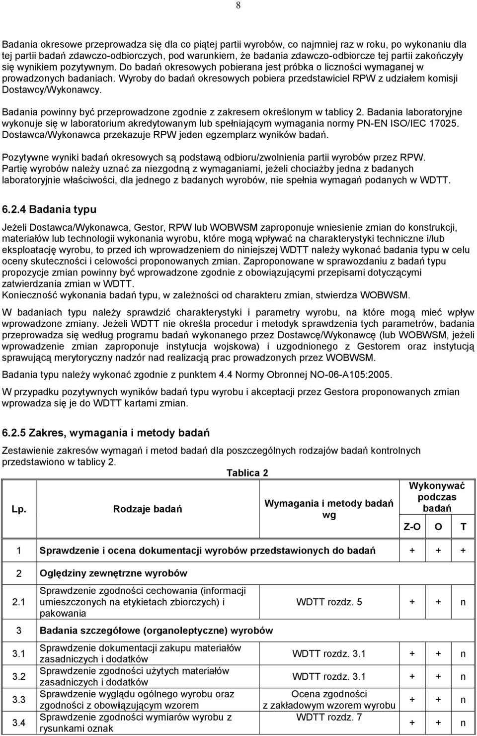 Wyroby do badań okresowych pobiera przedstawiciel RPW z udziałem komisji Dostawcy/Wykonawcy. Badania powinny być przeprowadzone zgodnie z zakresem określonym w tablicy 2.