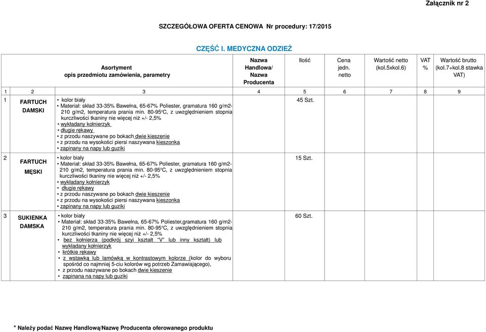 wykładany kołnierzyk długie rękawy zapinany na napy lub guziki kolor biały Materiał: skład 33-35 Bawełna, 65-67 Poliester, gramatura 160 g/m2- kurczliwości tkaniny nie więcej niż +/- 2,5 wykładany