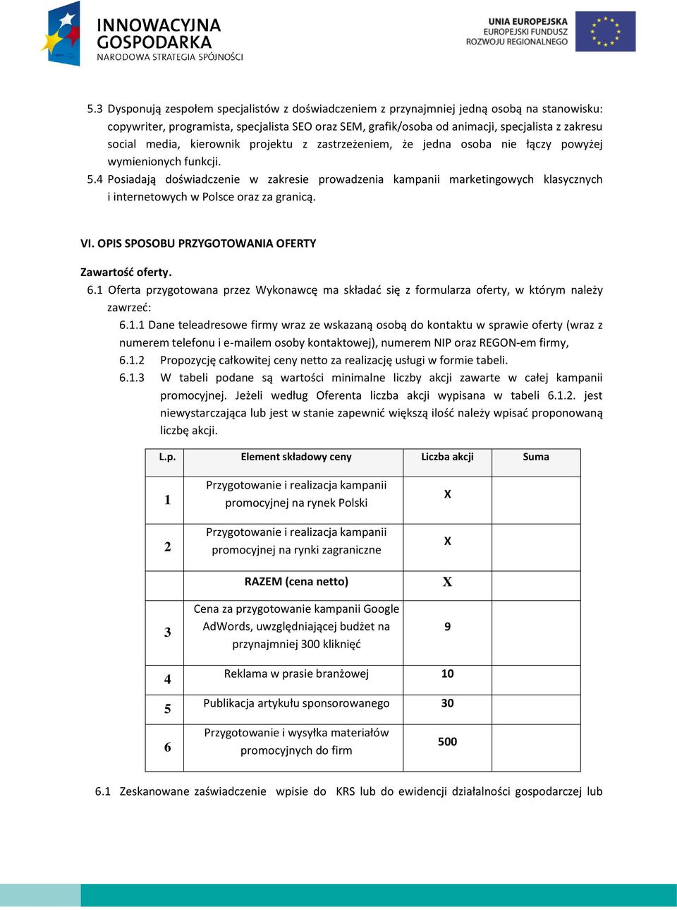 4 Posiadają doświadczenie w zakresie prowadzenia kampanii marketingowych klasycznych i internetowych w Polsce oraz za granicą. VI. OPIS SPOSOBU PRZYGOTOWANIA OFERTY Zawartość oferty. 6.